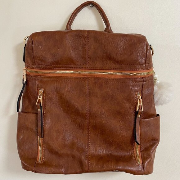 Brown Faux Leather Backpack With Gold Accents Multiple Zipper Pockets Adjustable - Picture 1 of 8